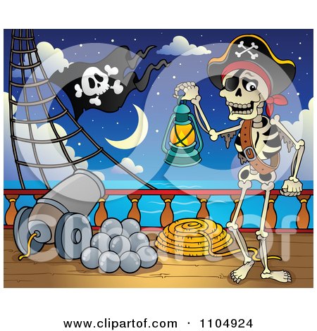 Clipart Skeleton Pirate Carrying A Lantern On Deck By A Cannon At Night - Royalty Free Vector Illustration by visekart