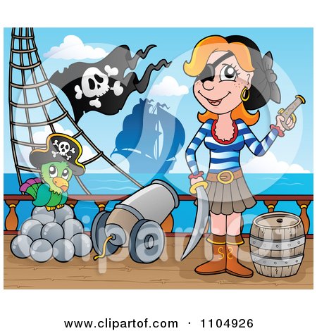Clipart Female Pirate With Weapons And Her Parrot By A Cannon On A Pirate Ship 1 - Royalty Free Vector Illustration by visekart