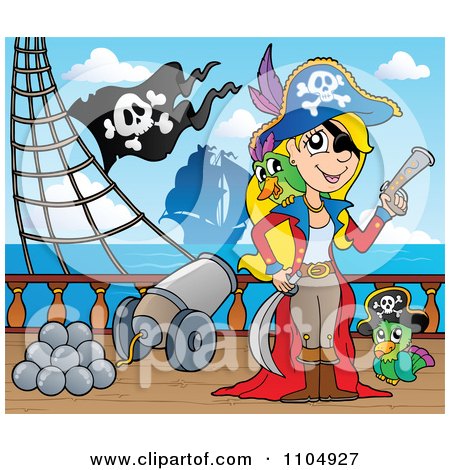 Clipart Female Pirate With Weapons And Her Parrot By A Cannon On A Pirate Ship 2 - Royalty Free Vector Illustration by visekart