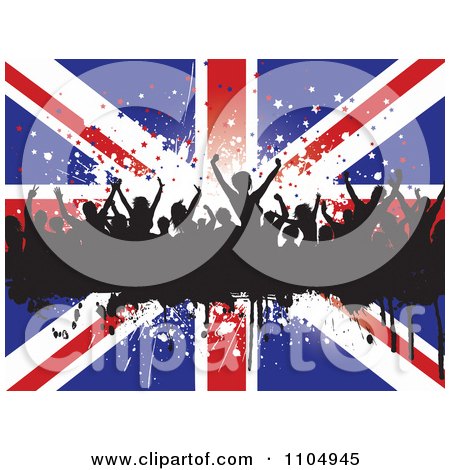 Clipart Silhouetted Dancers On A Grunge Bar Over Stars And A Union Jack Flag - Royalty Free Vector Illustration by KJ Pargeter