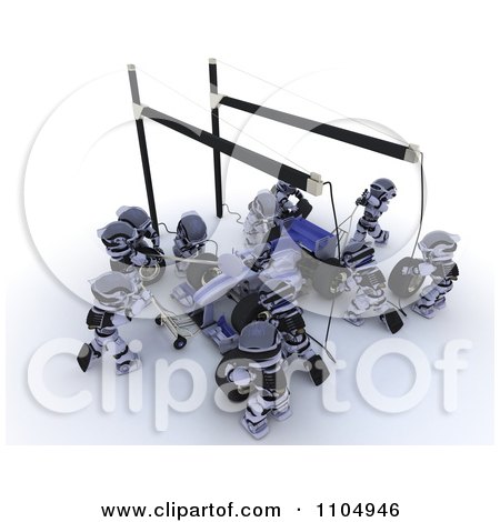 Clipart 3d Robot Pit Stop Crew Working On A Race Car 1 - Royalty Free CGI Illustration by KJ Pargeter