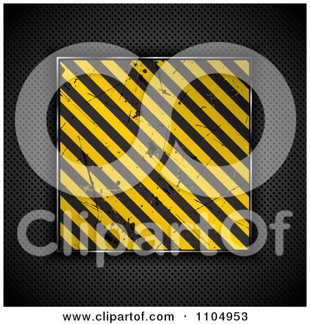 Clipart 3d Hazard Stripes Grungy Plaque Over Dark Perforated Metal - Royalty Free Vector Illustration by KJ Pargeter