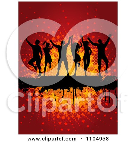 Clipart Silhouetted Dancers Over A Grunge Bar Over A Star Burst On Red - Royalty Free Vector Illustration by KJ Pargeter