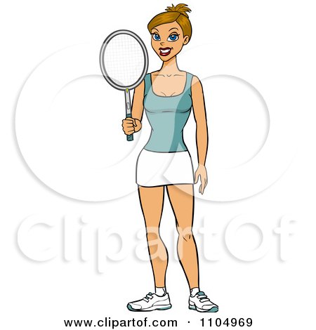 Clipart Athletic White Woman Holding A Tennis Racket - Royalty Free Vector Illustration by Cartoon Solutions