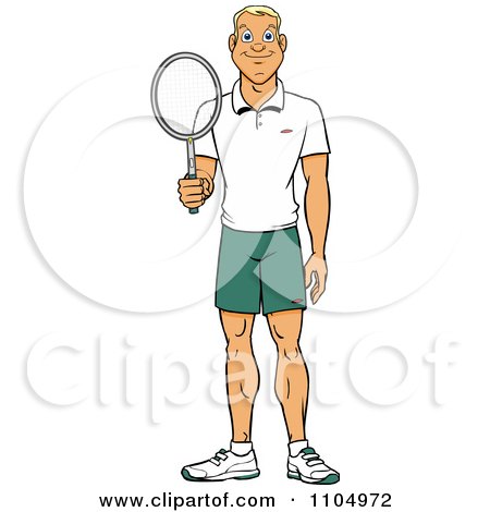 Clipart Happy White Tennis Player Man Holding A Racket - Royalty Free Vector Illustration by Cartoon Solutions