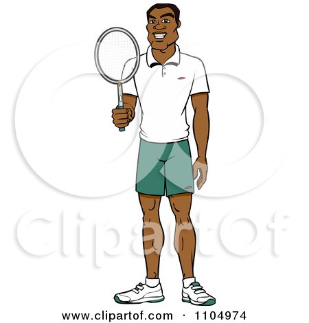 Clipart Happy Black Tennis Player Man Holding A Racket - Royalty Free Vector Illustration by Cartoon Solutions