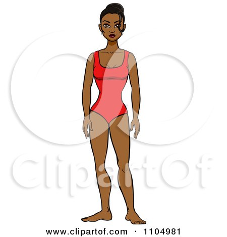 Clipart Happy Black Woman In A Red One Piece Swimsuit - Royalty Free Vector Illustration by Cartoon Solutions