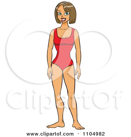 Clipart Happy White Woman In A Red One Piece Swimsuit - Royalty Free Vector Illustration by Cartoon Solutions