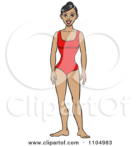 Clipart Happy Asian Woman In A Red One Piece Swimsuit - Royalty Free Vector Illustration by Cartoon Solutions