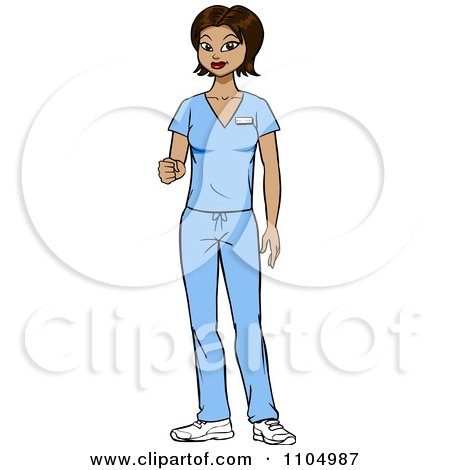 Clipart Friendly Hispanic Nurse Surgeon Or Doctor In Scrubs Holding Out Her Knuckles - Royalty Free Vector Illustration by Cartoon Solutions
