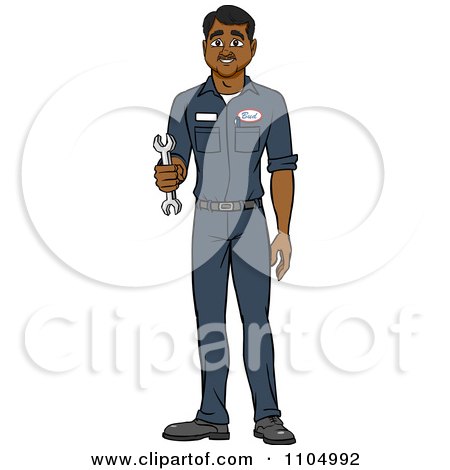 Clipart Happy Black Male Auto Mechanic Holding A Wrench - Royalty Free Vector Illustration by Cartoon Solutions