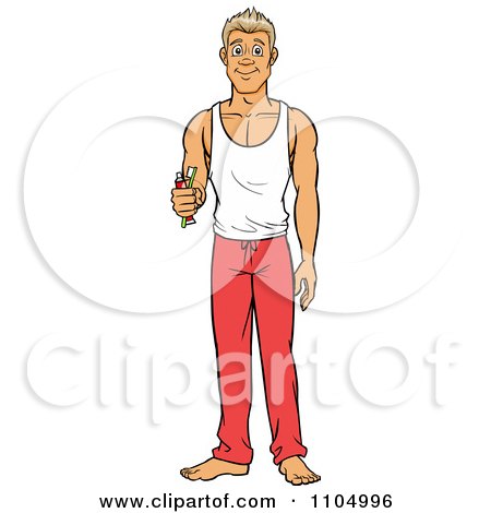 Clipart White Man Holding A Toothbrush And Tooth Past And Wearing Pajamas - Royalty Free Vector Illustration by Cartoon Solutions