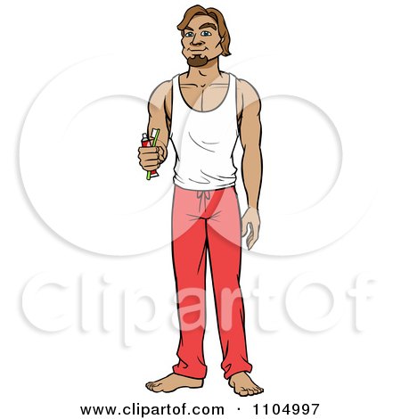 Clipart Caucasian Man Holding A Toothbrush And Tooth Past And Wearing Pajamas - Royalty Free Vector Illustration by Cartoon Solutions