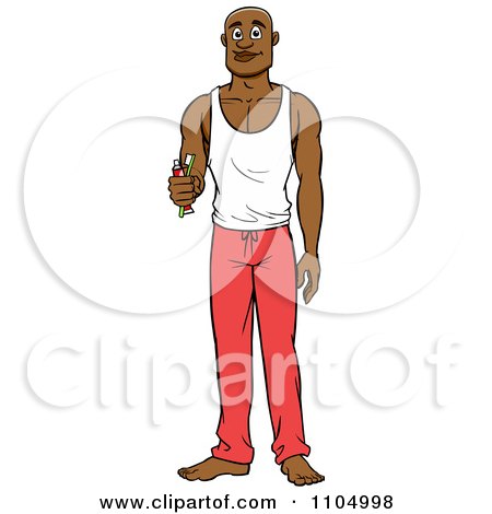 Clipart Black Man Holding A Toothbrush And Tooth Past And Wearing Pajamas - Royalty Free Vector Illustration by Cartoon Solutions