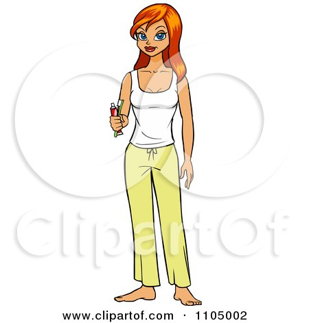 Clipart Red Haired Woman Holding A Toothbrush Paste And Wearing Pajamas - Royalty Free Vector Illustration by Cartoon Solutions