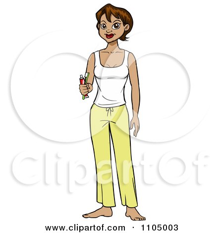Clipart Brunette Woman Holding A Toothbrush Paste And Wearing Pajamas - Royalty Free Vector Illustration by Cartoon Solutions