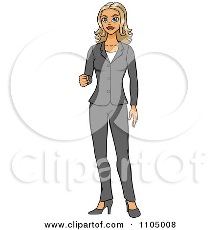 Clipart White Business Woman In A Pant Suit Holding Up Her Knuckles - Royalty Free Vector Illustration by Cartoon Solutions