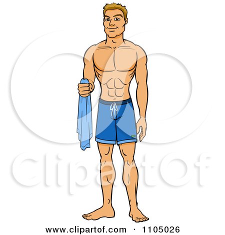 Clipart Muscular White Man In Swim Trunks Holding A Towel - Royalty Free Vector Illustration by Cartoon Solutions