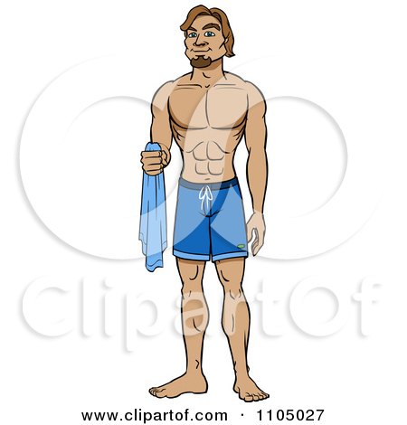 Clipart Muscular Caucasian Man In Swim Trunks Holding A Towel - Royalty Free Vector Illustration by Cartoon Solutions