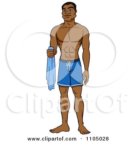 Clipart Muscular Black Man In Swim Trunks Holding A Towel - Royalty Free Vector Illustration by Cartoon Solutions