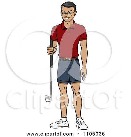 Clipart Happy Asian Man Holding A Golf Club - Royalty Free Vector Illustration by Cartoon Solutions