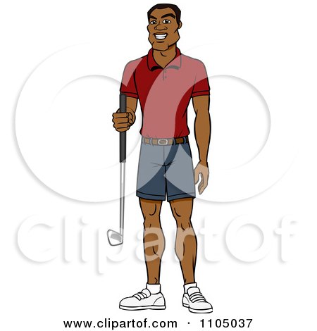 Clipart Happy Black Man Holding A Golf Club - Royalty Free Vector Illustration by Cartoon Solutions