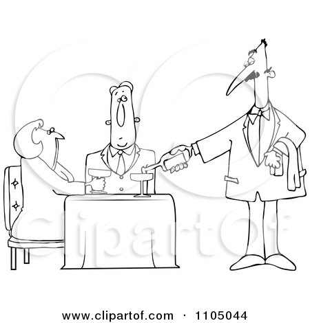 Clipart Outlined Waiter Serving Wine To A Couple At A Restaurant - Royalty Free Vector Illustration by djart
