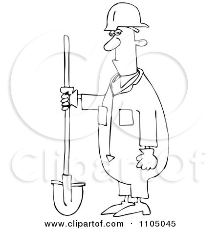Clipart Outlined Construction Worker Man Holding A Shovel - Royalty Free Vector Illustration by djart