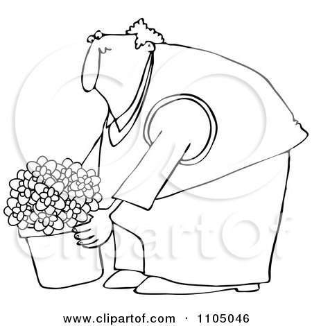 Clipart Outlined Chubby Man Leaning Over And Lifting A Potted Plant - Royalty Free Vector Illustration by djart