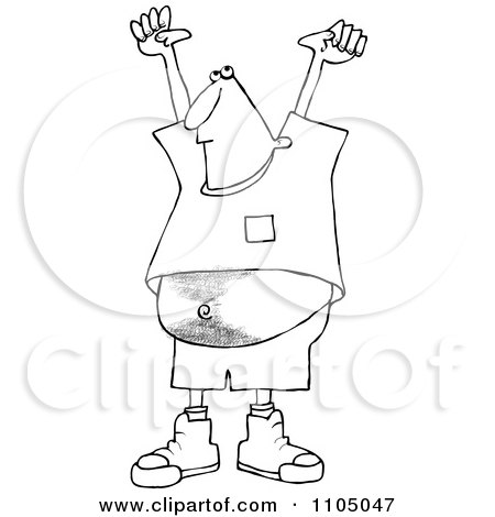 Clipart Outlined Man Holding His Arms Up And Showing His Hairy Belly - Royalty Free Vector Illustration by djart