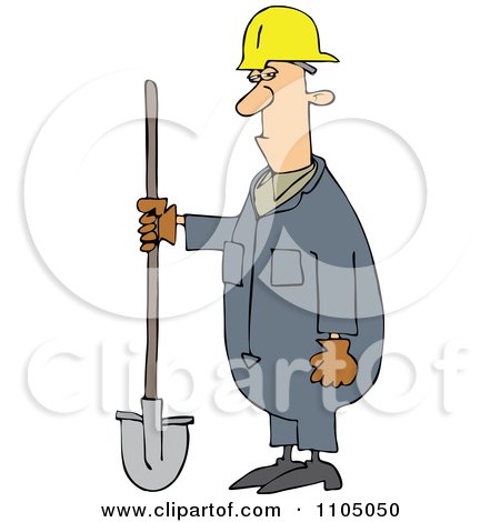 Clipart Grumpy Construction Worker Man Holding A Shovel - Royalty Free Vector Illustration by djart