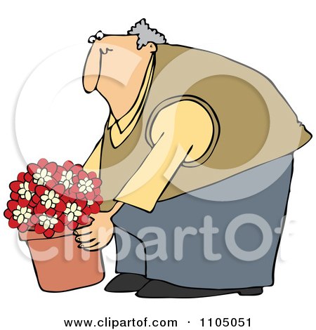 Clipart Chubby Man Leaning Over And Lifting A Potted Plant - Royalty Free Vector Illustration by djart
