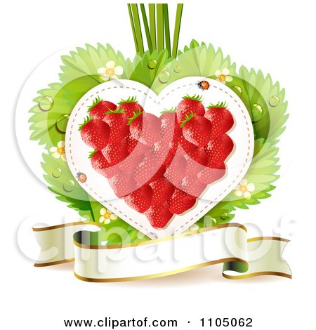 Clipart Strawberry Heart With Blossoms Leaves And A Ribbon Banner On White - Royalty Free Vector Illustration by merlinul