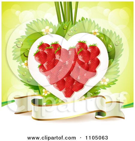 Clipart Strawberry Heart With Blossoms Leaves And A Ribbon Banner On Green - Royalty Free Vector Illustration by merlinul