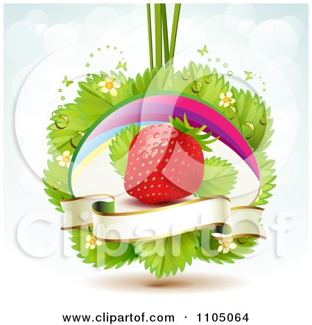 Clipart Strawberry With Dewy Leaves Blossoms Butterflies And A Blank Banner Over Blue And White - Royalty Free Vector Illustration by merlinul