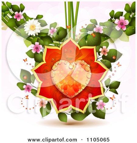 Clipart Dewy Orange Heart With Rose Petals Ladybugs Leaves And Blossoms - Royalty Free Vector Illustration by merlinul