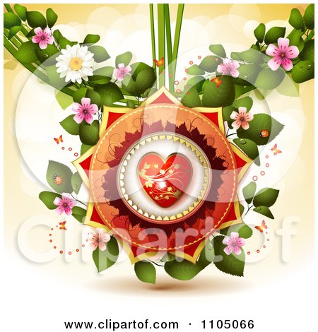 Clipart Red And Gold Heart With Butterflies Leaves And Blossoms - Royalty Free Vector Illustration by merlinul