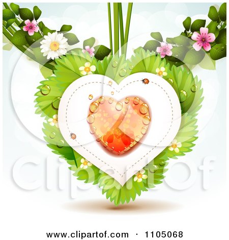 Clipart Dewy Orange Heart With Ladybugs Over Strawberry Leaves With Blossoms - Royalty Free Vector Illustration by merlinul