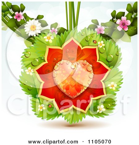 Clipart Dewy Orange Heart Rose Petals On Leaves And Blossoms - Royalty Free Vector Illustration by merlinul