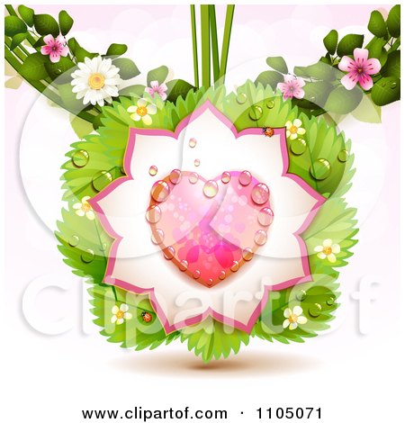 Clipart Dewy Pink Heart And Petals With Ladybugs Leaves And Blossoms - Royalty Free Vector Illustration by merlinul