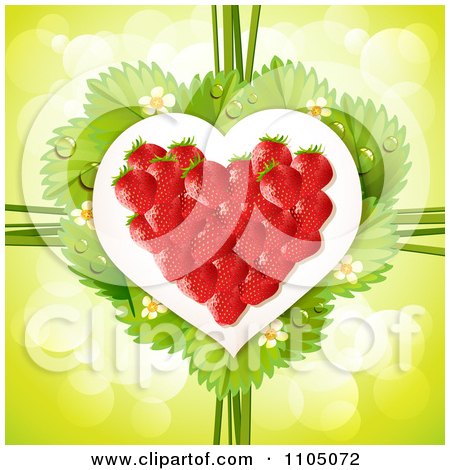 Clipart Strawberry Heart With Dewy Leaves Blossoms And Twine On Green - Royalty Free Vector Illustration by merlinul