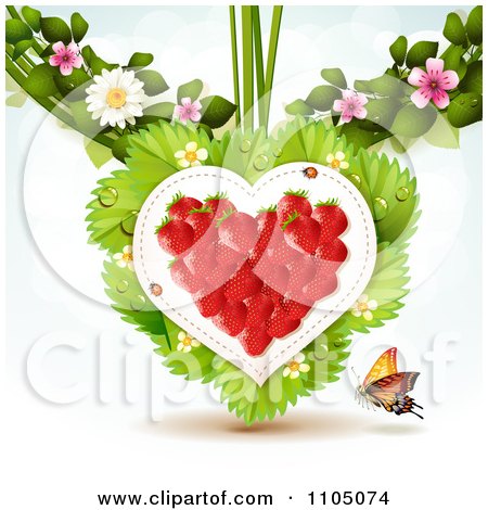 Clipart Strawberry Heart With Dewy Leaves Blossoms And A Butterfly On White - Royalty Free Vector Illustration by merlinul