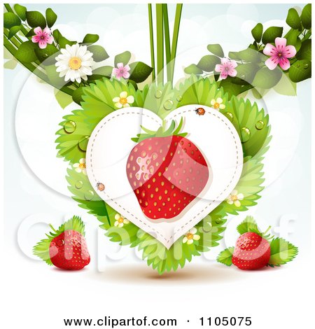 Clipart Strawberry Heart With Dewy Leaves Blossoms On White - Royalty Free Vector Illustration by merlinul