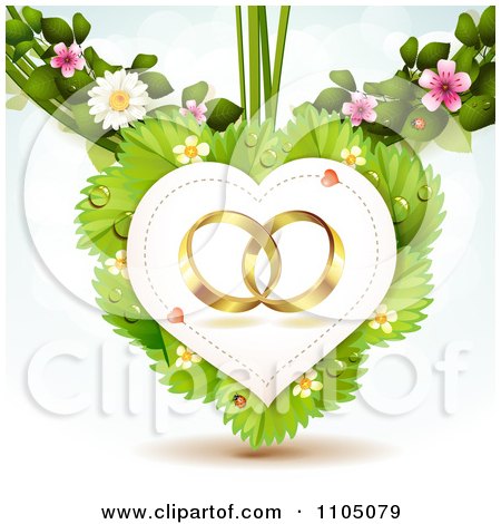 Clipart Gold Wedding Rings In A Heart On Leaves With Blossoms - Royalty Free Vector Illustration by merlinul
