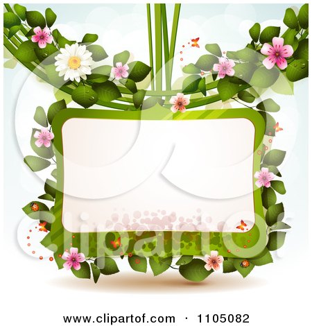 Clipart Rectangular Floral Frame With Blossoms Leaves And Butterflies - Royalty Free Vector Illustration by merlinul