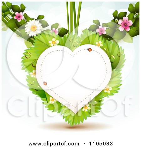 Clipart Heart Frame With Ladybugs Over Strawberry Leaves With Blossoms - Royalty Free Vector Illustration by merlinul
