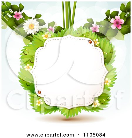 Clipart Frame With Ladybugs Over Strawberry Leaves With Blossoms - Royalty Free Vector Illustration by merlinul