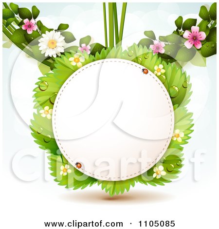 Clipart Round Frame With Ladybugs Over Strawberry Leaves With Blossoms - Royalty Free Vector Illustration by merlinul