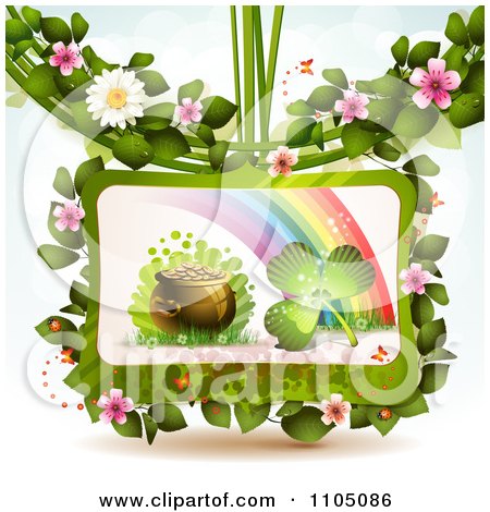 Clipart St Patricks Day Floral Frame With A Rainbow Shamrock And Pot Of Gold - Royalty Free Vector Illustration by merlinul