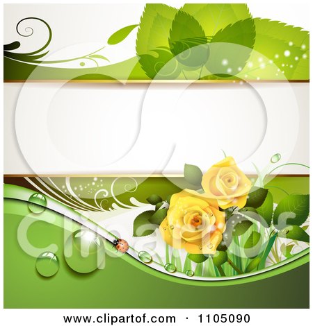Clipart Green Leaf Background With A Ladybug Dew And Roses - Royalty Free Vector Illustration by merlinul